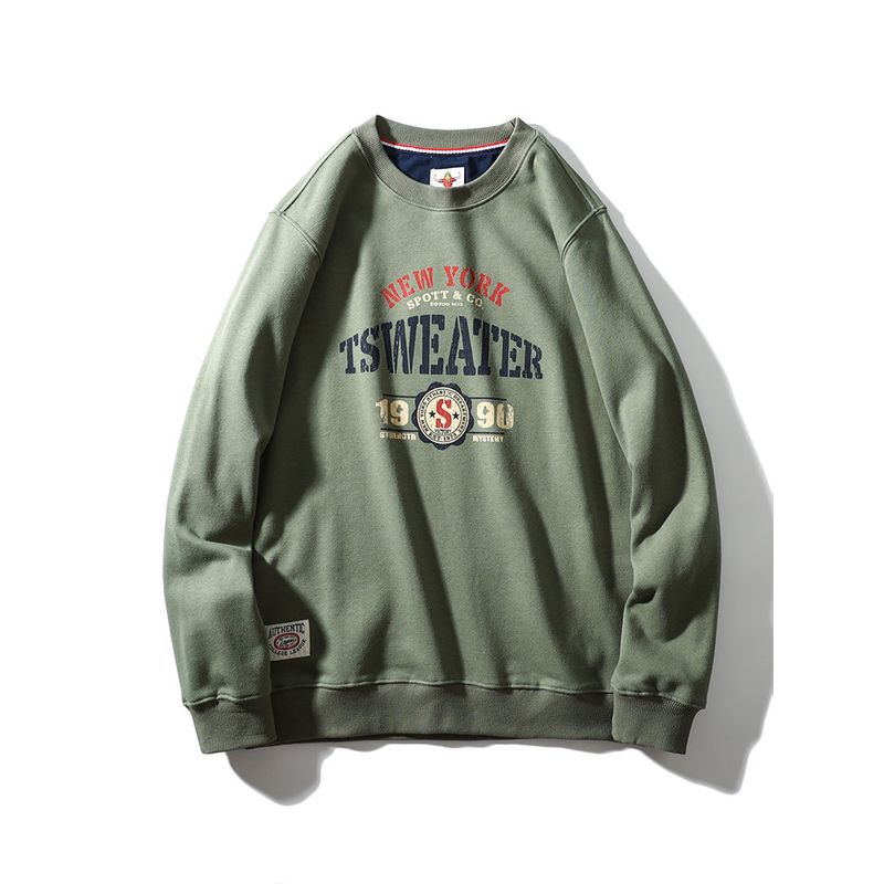 American Retro Trendy Pullover Sweatshirt Male 2024 New Spring and Autumn round Neck Export Export Men Casual Jacket Gray Green 2XL