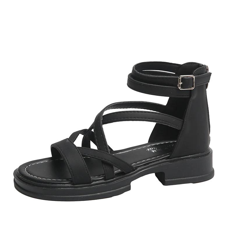 2025 Sandals Black Shoes for Women Summer Heels All-Match New Beige Comfort Beach Low Fashion Girls Flat Gladiator Clear Lace