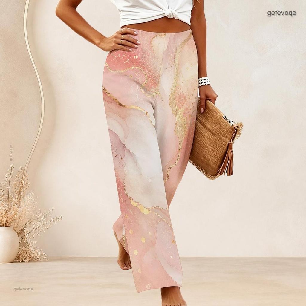 Women Plus Size Pink Marble Gold Print Wide Leg Pants High Waist Loose Casual Long Trousers For Daily Summer Wear