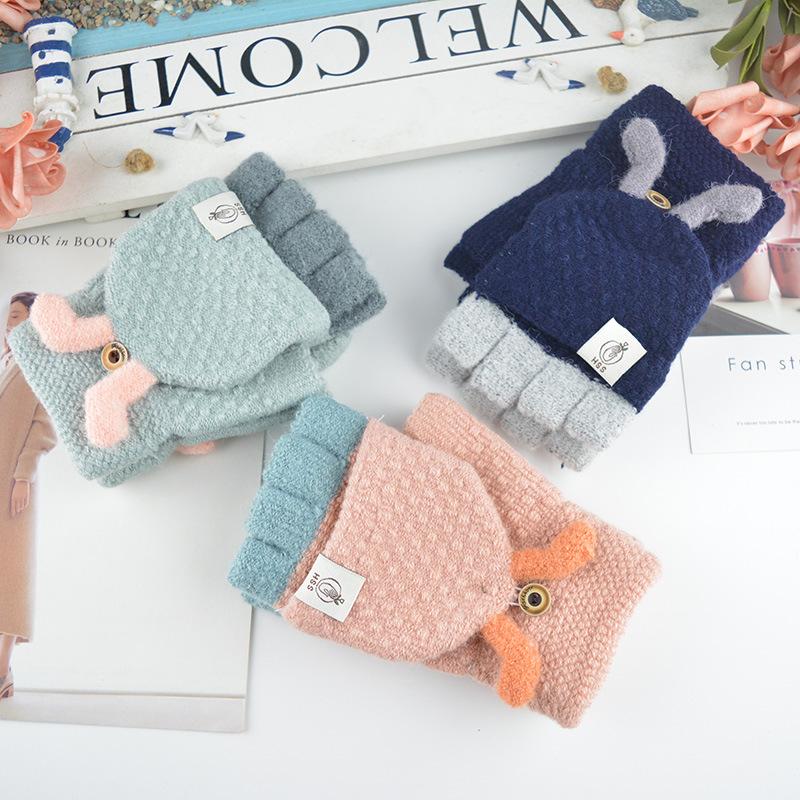 New Women's Half-finger Flip Three-dimensional Ear Warm Gloves Winter Outdoor Cycling Sports Gloves