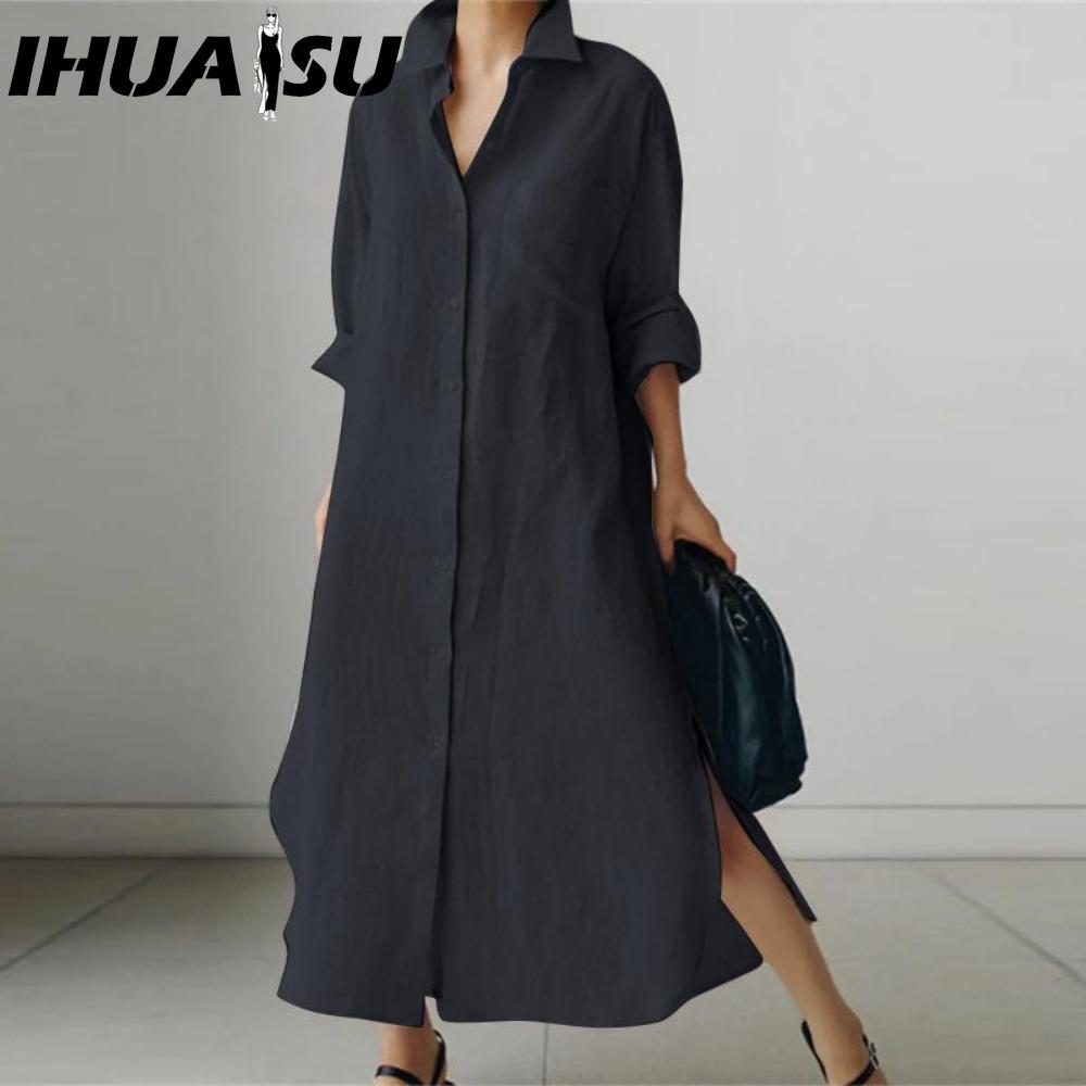 

IHUASU Женское повседневное свободное платье-рубашка с длинным рукавом и отложным воротником S чёрный