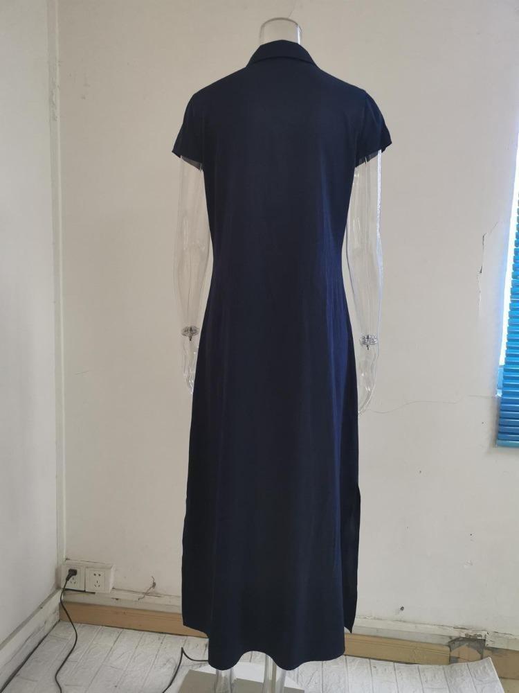 Maxi abito in denim stile europeo americano, casual, con colletto a camicia, gonna svasata con tasche a fessura