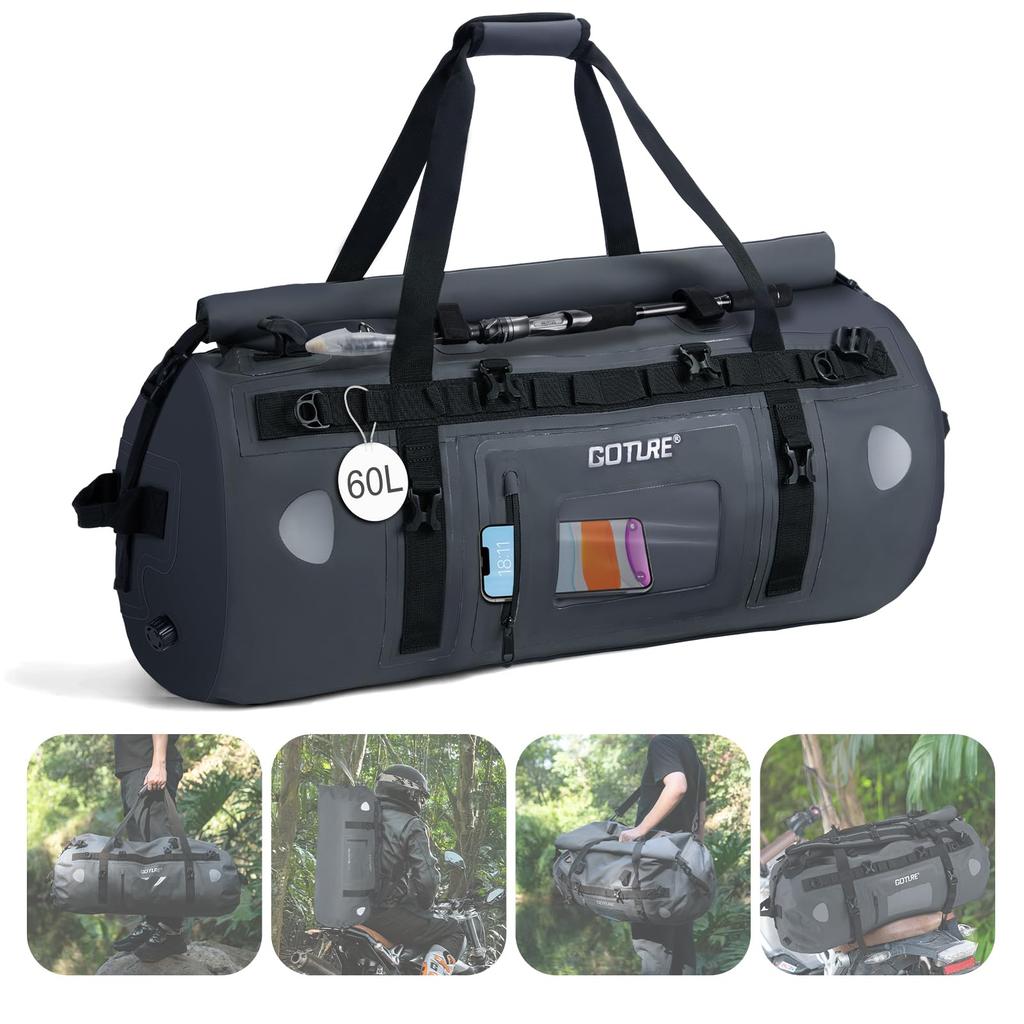 GOTURE Motorcycle Seat Bag IPX6 Touring Camping Shoulder Reflective Drum Touring Seat Outdoor [60L, Waterproof] Bag, & Touring, Strap, Tape, One-Touch