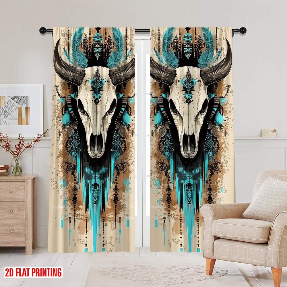 2Pcs Bohemian Chic Gemstone Cow Skull Print Curtains Vintage Medieval Style Easy Hang Rod Pocket Design Living Room