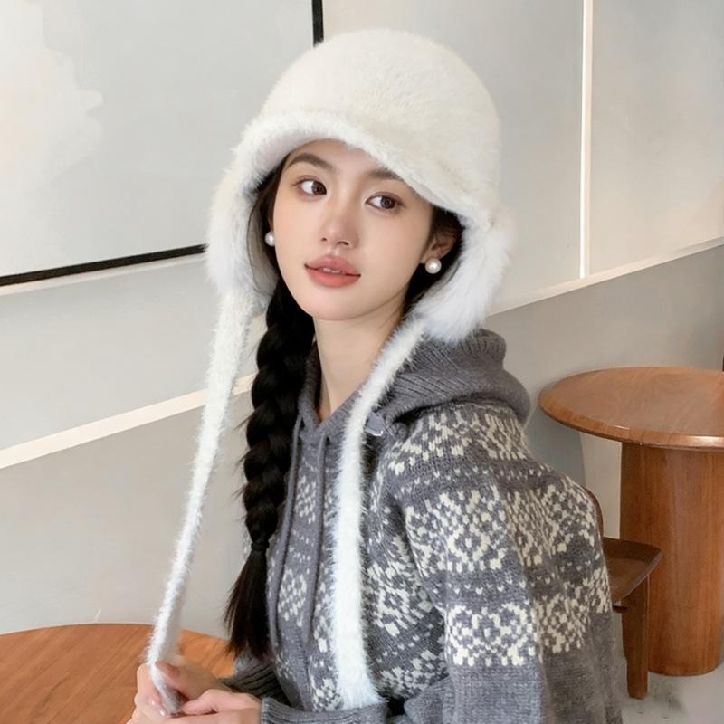 Women S White Fluffy Winter Trapper Hat With Warm Ear Flap For Cold Weather