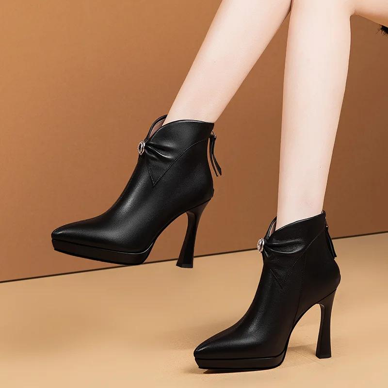 Fashion Pointed Toe Stiletto Heel Sexy Boots Platform Back Zipper Ankle Boots Women Fashion Crystal Short Boots Winter Comfort Shoes