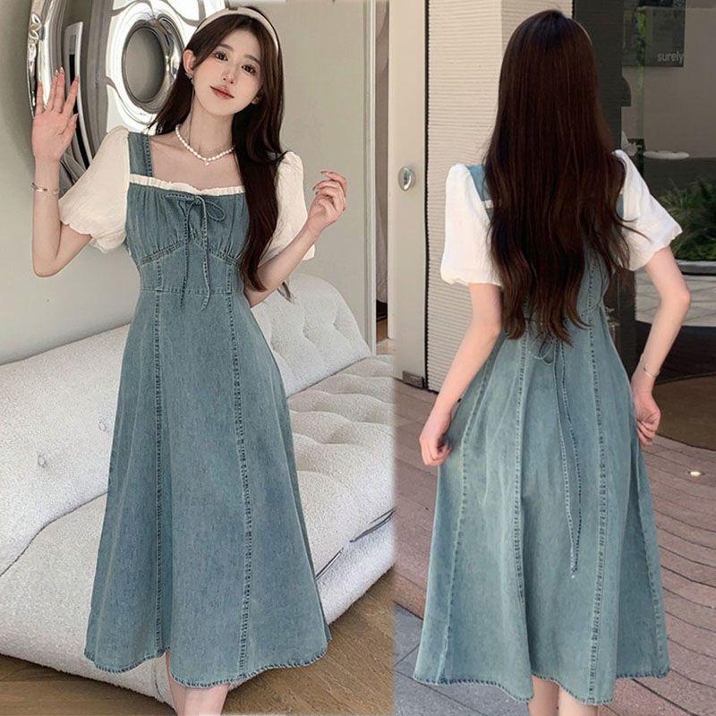 Plus Size Women s French Puff Sleeve Denim Patchwork Tea Dress - Slimming Summer Style S