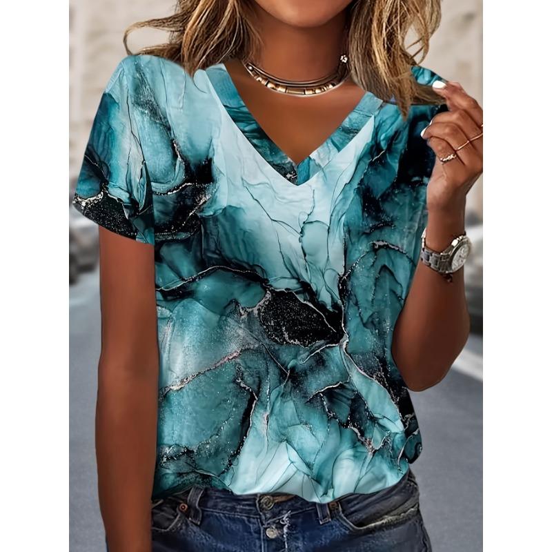 Eclectic Vivid Artistic Abstract Print V Neck Top For Women Summer Casual Daily Streetwear Vacation Chic Luxe Wear S