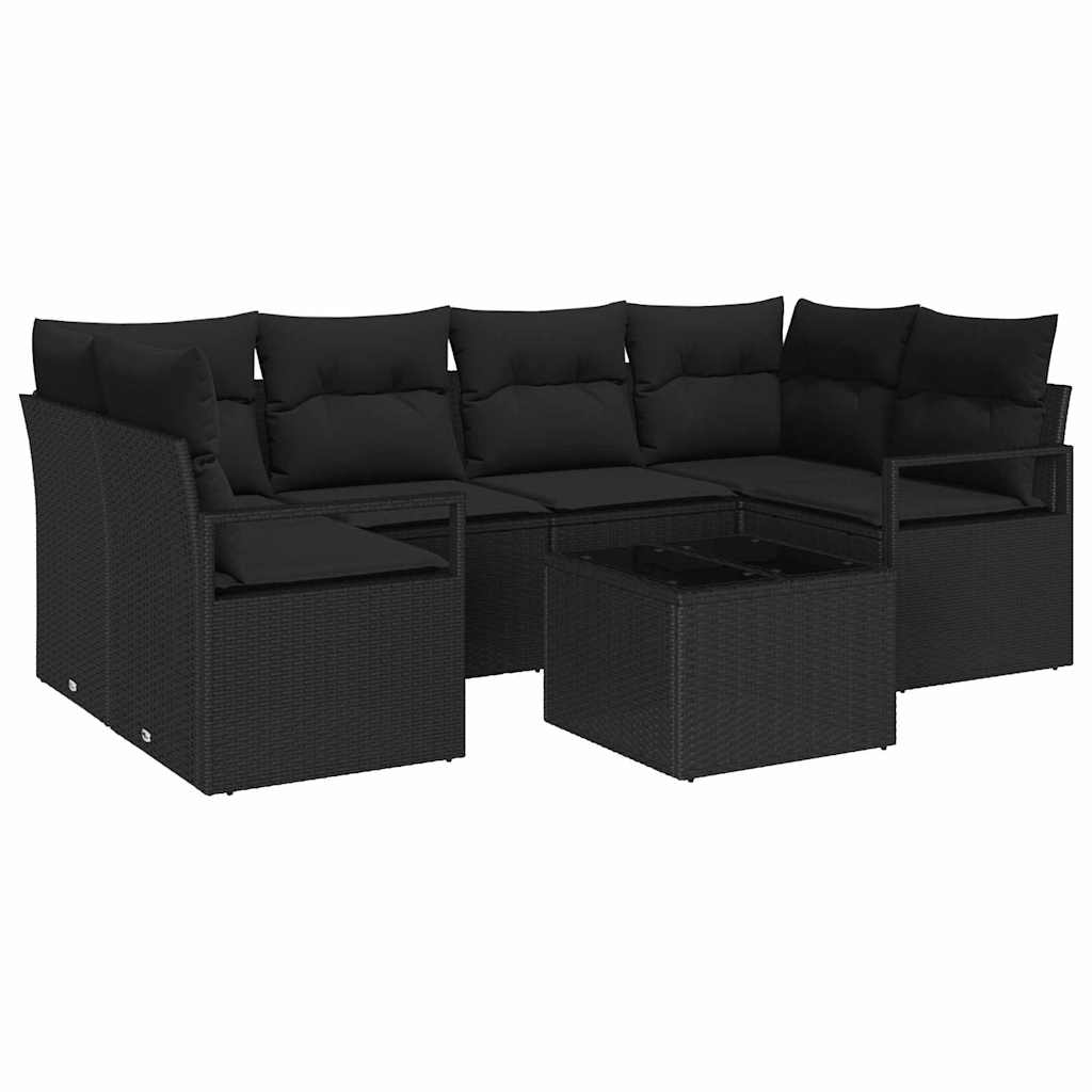 7 Piece Sofa Set with Cushions Black Poly Rattan