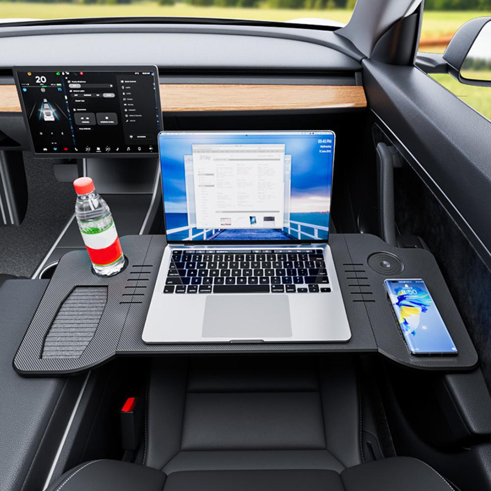 Foldable Car Laptop Desk Fiber Texture Car Food Drinks Tray Table Car Holder Automotive Interior Accessories For Tesla Model3/Y