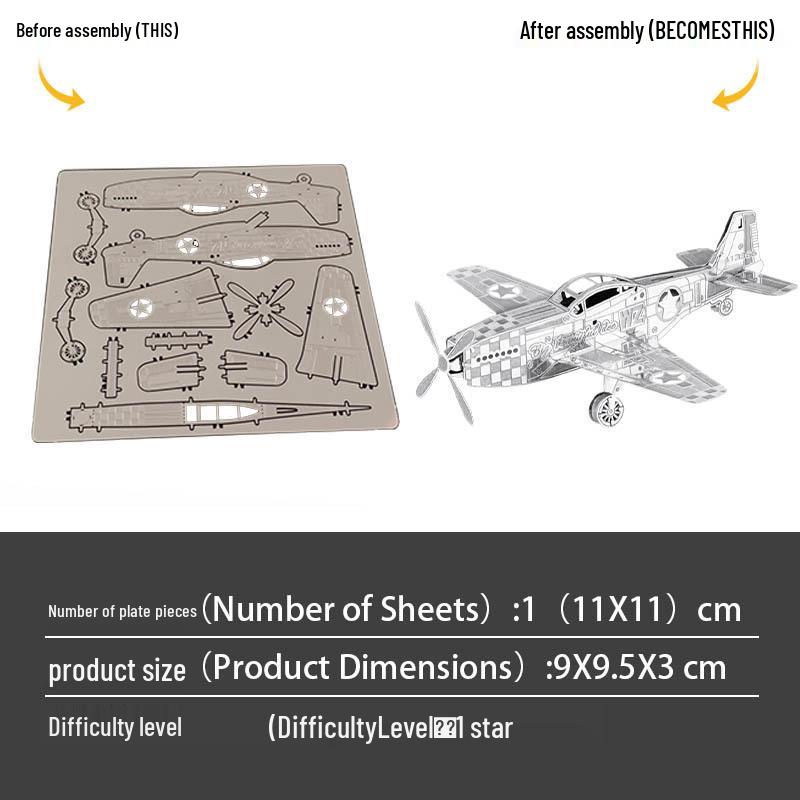 Stainless Steel Mustang Airplane 3D DIY Metal Puzzle - Glue-Free Assembly Toy