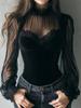Elegant Mesh Panel Hollow Out Bell Sleeve Lace Up Waist Women's Blouse Spring Autumn 2026 New