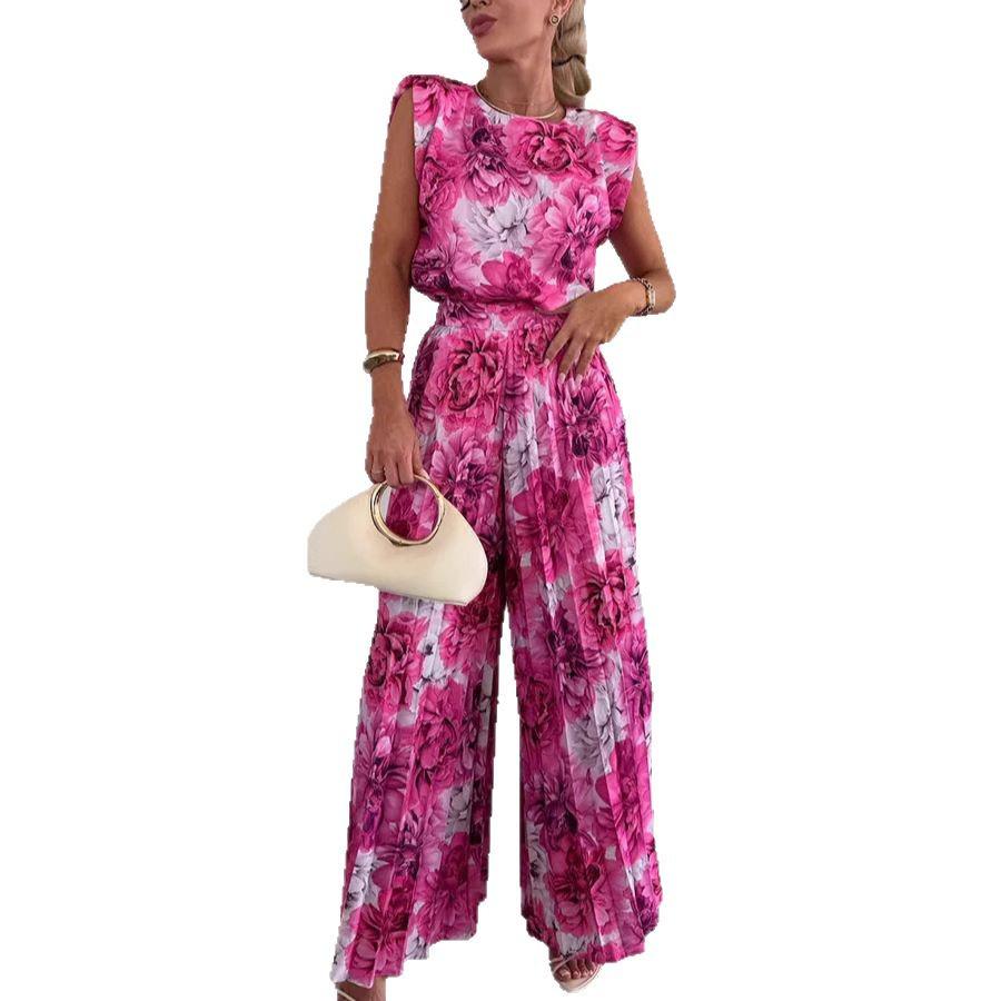 2025 Women's Fashion Set: Sleeveless Round Neck Top & Pleated Wide-Leg Pants