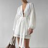 Fashion Bubble Wrinkle Long Sleeve Nightgown Shorts Suit Homewear Sleeping Robe and Shorts Set
