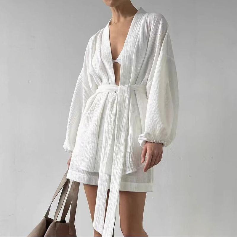 Fashion Bubble Wrinkle Long Sleeve Nightgown Shorts Suit Homewear Sleeping Robe and Shorts Set