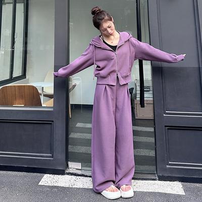 Spring Fashion Suit Two-piece Casual Sports Wide-leg Pants Hooded Sweater Jacket