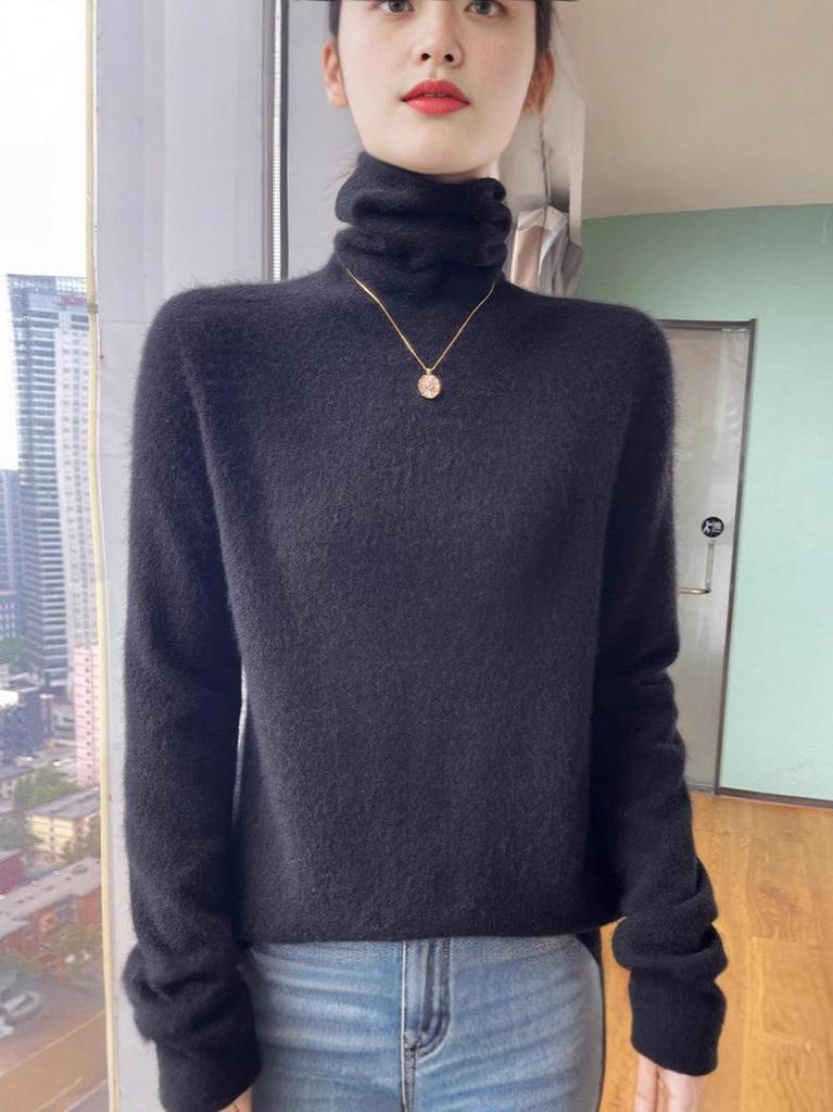 Women's High Neck Wool Pullover Sweater - Long Sleeve, Warm Knitwear for Autumn & Winter
