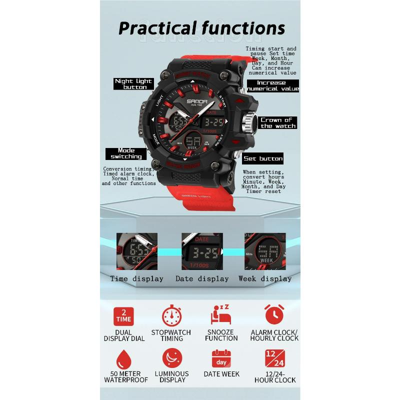 SANDA Fashion Sports Casual Electronic Man Watch Dual Digital Display Luminous Waterproof Multi-functional Watches for Men