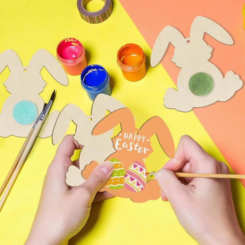 24-Pack Wooden Rabbit Pendants,Easter Bunny Hanging Ornaments,DIY Crafts&Home Decor,Manufactured Wood, Easter Party Supplies