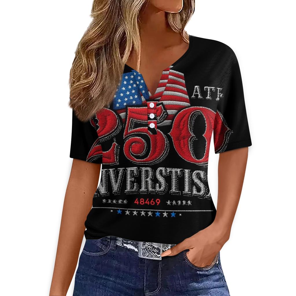 Women's T Shirt Tee Print Button Short Sleeve Daily Weekend Fashion Basic V- Neck Regular Top