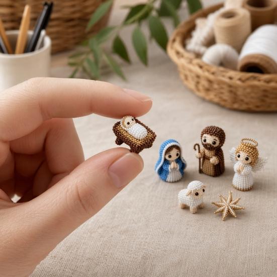 1 Zestaw DIY Szopka Boża Zestaw do Koralikowania, Zestaw Artystyczno-Rękodzielniczy Narodziny Jezusa dla Początkujących Dorosłych, Ręcznie Robiony Zestaw Dekoracji 3D z Koralików, Prezent Religijny dla Chrześcijan