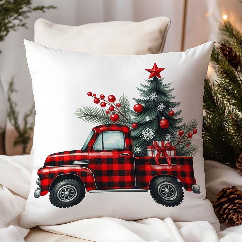 Christmas Pillows With Tree Deer Santa Truck Square Polyester Pillowcase, Modern Sofa Decorative Cushion Cover