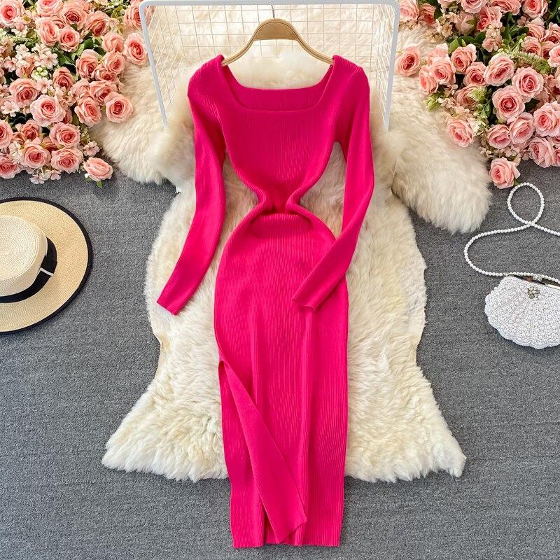 

Женское платье, корейские повседневные трикотажные платья с круглым вырезом, женские макси-платья с длинными рукавами и высокой талией, мода 2021 г. One Size розы красного