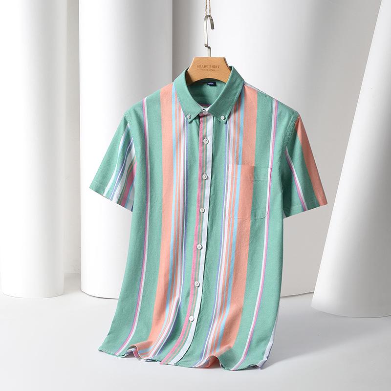 Men's Summer Striped Short-Sleeve Cotton Shirt with Turn-Down Collar