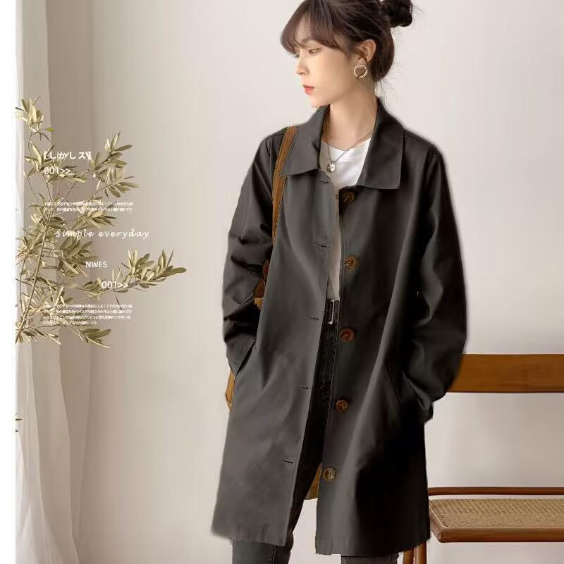 Women's Mid-Length Trench Coat, Spring/Autumn, Korean Style, Loose Fit, Solid Color, Versatile Outerwear, Trendy and Simple Design.