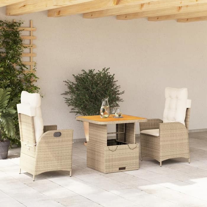 VidaXL Ensemble à Manger de Jardin avec Coussins 3 pcs, Table de Terrasse, Meubles de Patio, Mobilier d'Extérieur, Beige 3277469