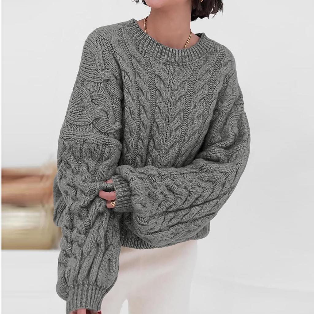Women's Solid Color Thick Needle Big Dough Twists Loose Pullover Round Neck Long Sleeve Sweater