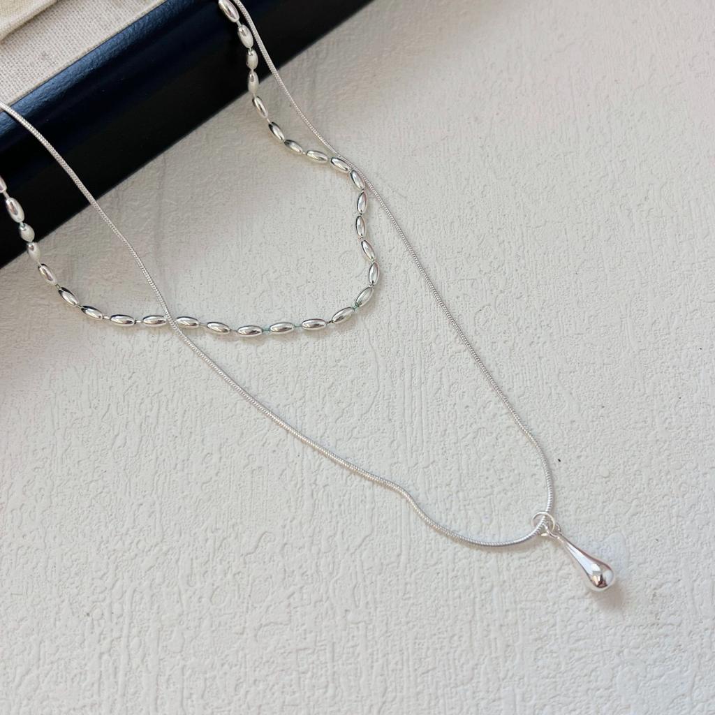 Cold Wind Double-layer Small Rice Grain Water Drop Necklace Women's 2024 New Simple Stacked Collarbone Chain Simple Neck Chain Accessories