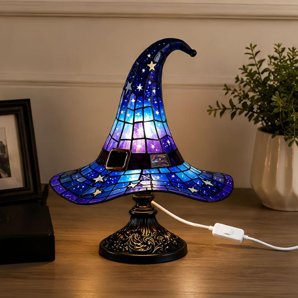 Lampa w kształcie Kapelusza Czarownicy na Halloween Żywiczny Ozdoba Lampka na USB Dekoracja, Świąteczna Lampa Stołowa