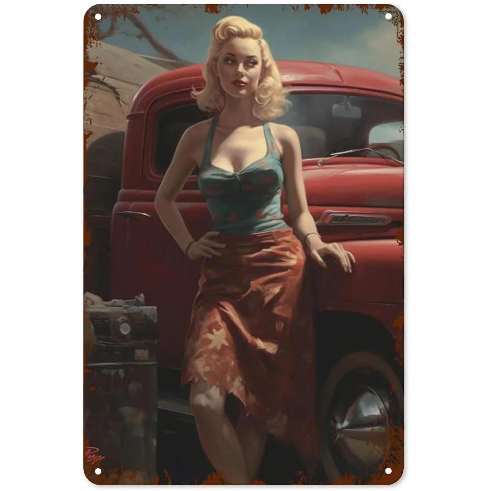 Metall Blechschilder Pinup Auto Mädchen Wanddekoration Plakette Vintage Kunst Poster Eisenmalerei für Man Cave Zuhause Café Garage Club Bar
