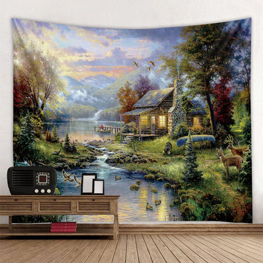 Landscape oil painting tapestry wall hanging forest yoga bed sheet blanket bedroom living room home decoration background poster