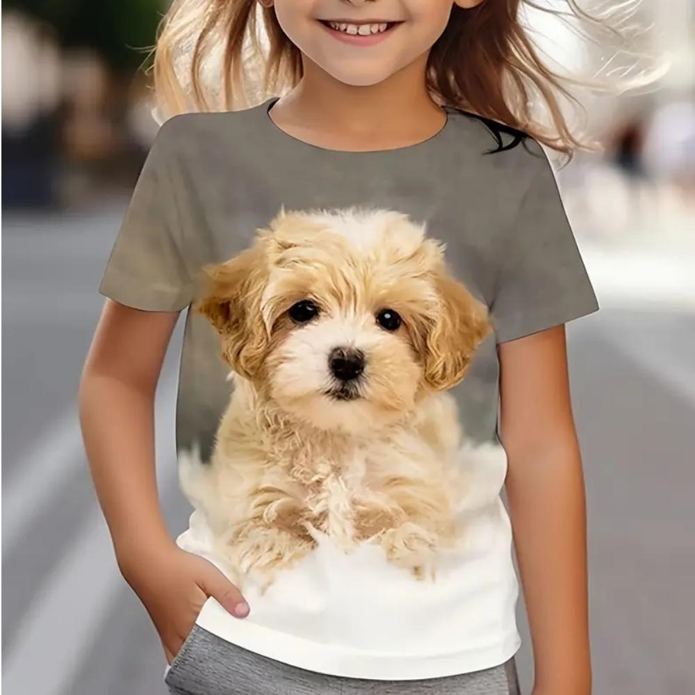 

Милые футболки с графикой собаки, 3D-принт, летние, с короткими рукавами, повседневная мода, с круглым вырезом, с короткими рукавами, детские футболки для девочек 160