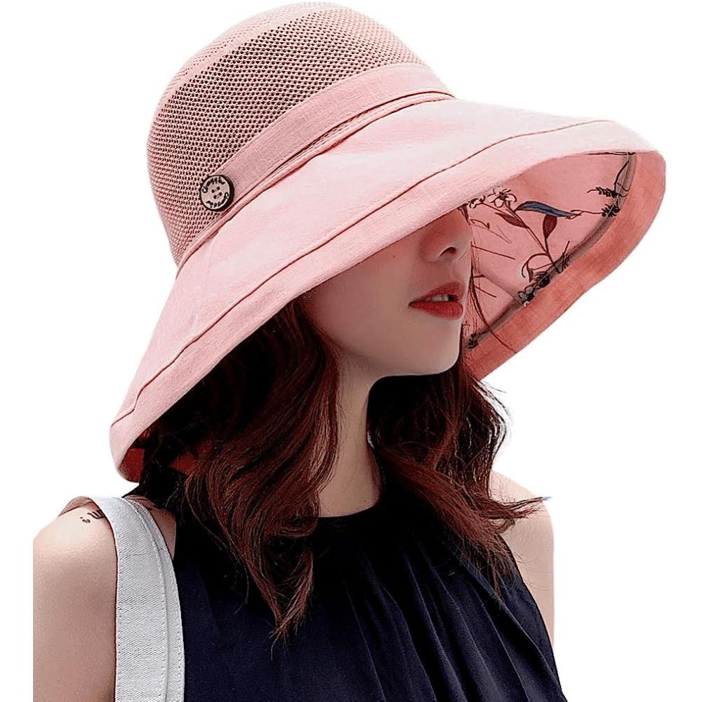 Women Mesh Sun Hats Summer Beach Packable Wide Brim Chin Strap