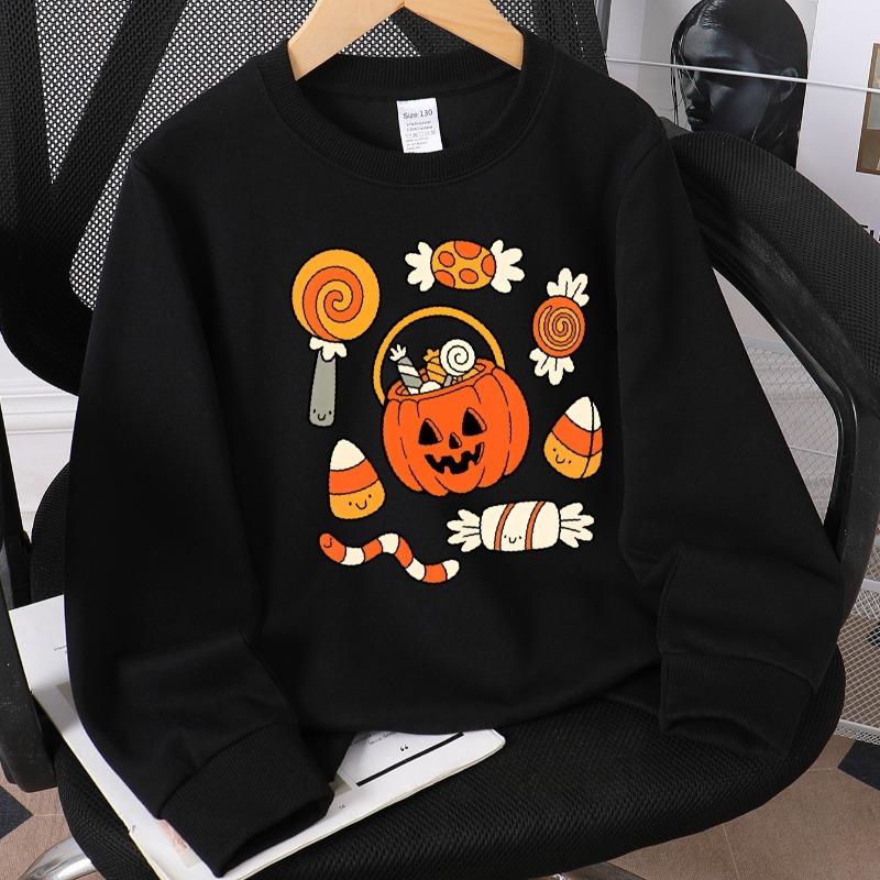 Kids Fall Winter Crew Neck Sweatshirt, Halloween Pumpkin Candy Bucket Print