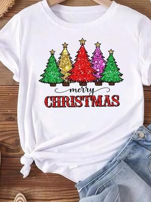 (Asian Size) New Year Women's Top T Tee Merry Christmas Festival O-neck Trend Tree Cute Clothing  Print Fashion Ladies Graphic T-shirts
