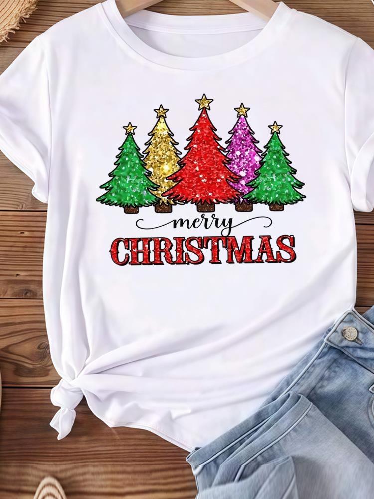 (Asian Size) tree gift happy new year Women's Top T Tee merry Christmas festival O-neck Clothing  Print Fashion ladies Graphic T-shirts