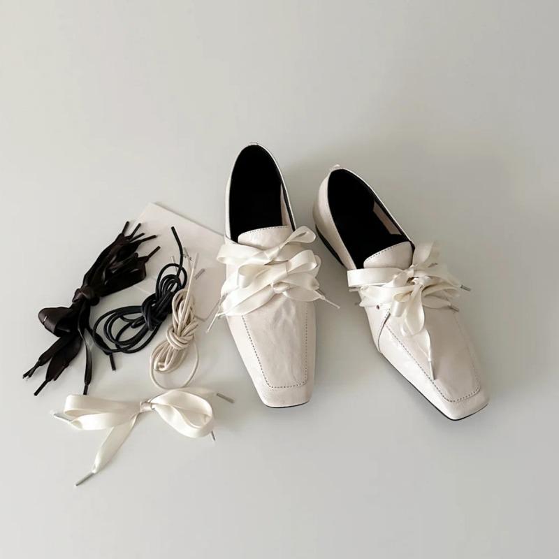 Cowhide version~ square head lace-up white women's pedal bow ballet style single shoes low heel small leather shoes