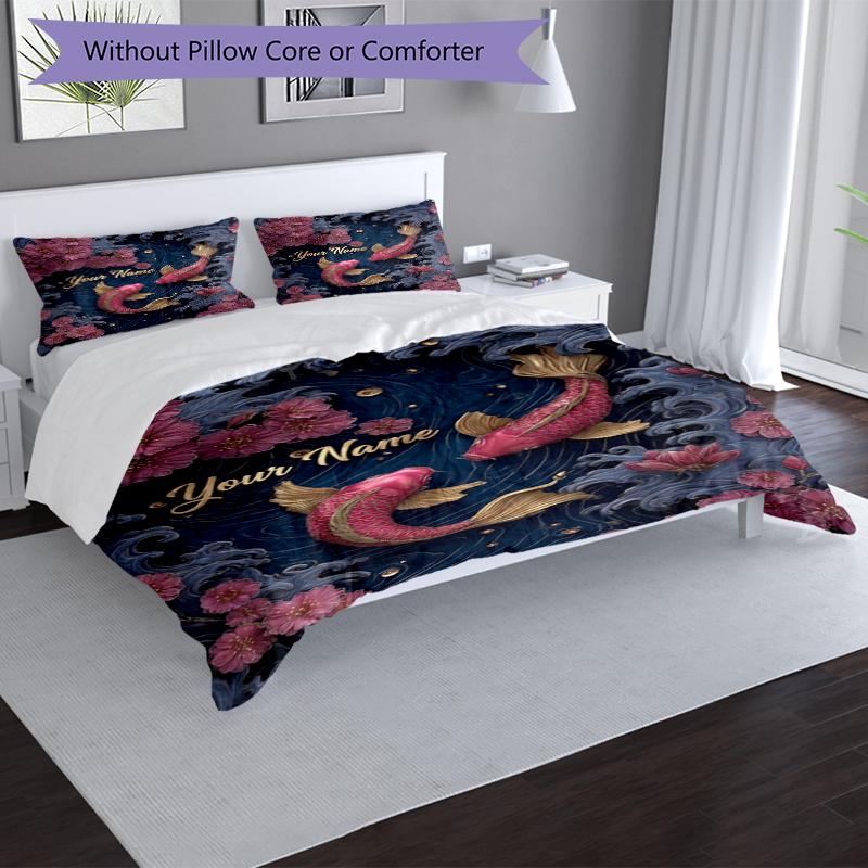Poisson Koi Fleur Personnalisé Nom Texte Impression 1 Pièce Ensemble de Literie Housse de Couette Avec Deux Taies d'Oreiller Linge de Lit Doux Pour Chambre à Coucher Domestique