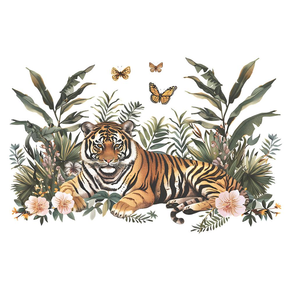 Majestic Jungle Tiger Butterfly Foliage Wall Sticker Self-Adhesive Removable for Bedroom Living Room Study Background Wall Decoration