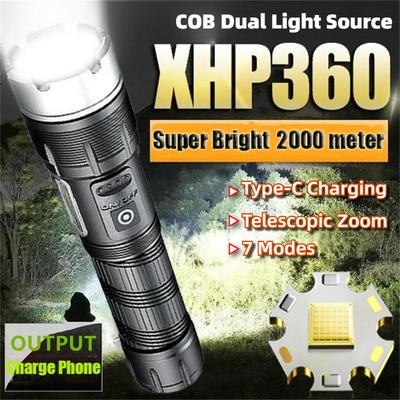Linterna LED de Alta Potencia 5000mAh XHP360 Super Brillante Antorcha de 36 Núcleos Linterna Recargable por USB con Zoom para Acampar Caza