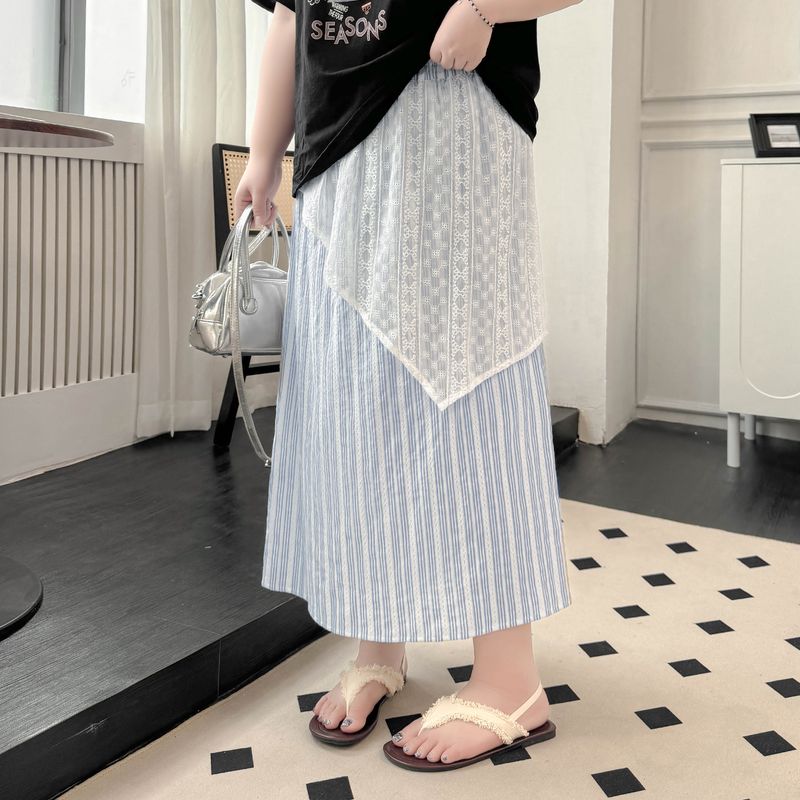 

Plus size women clothing [French style Sweet Skirt] Summer Fake Two Pieces Lace Stitching Versatile Stripe Double Layer Skirt Blue Stripe 7xl