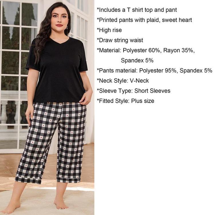 Plus Size Pajamas for Women 2 Piece Sleepwear Set Comfy V Neck Short Sleeve Shirt and Drawstring Long Pants Lounge Wear Home Sleeping Suites