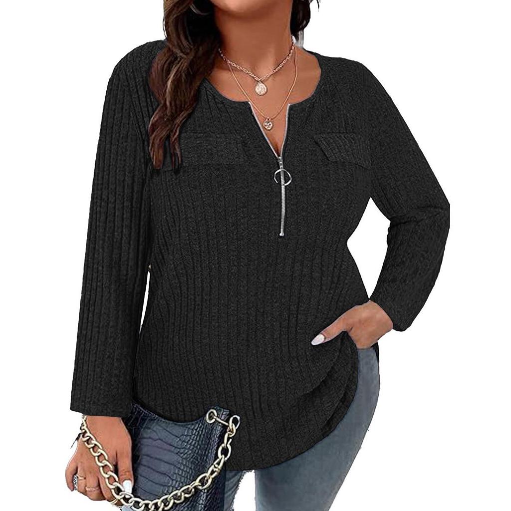 2025 Spring/Autumn Plus Size Women's Long Sleeve V-neck Zipper T-shirt