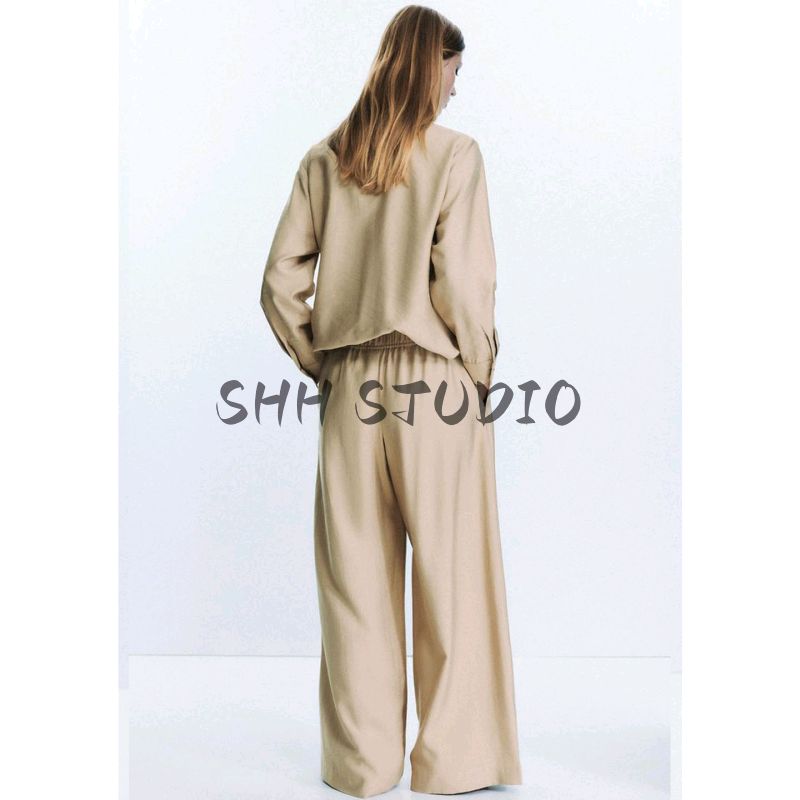 Long Sleeves Gold Button Decoration Double Breasted Shirt 7484053 High Waist Elastic Waist Wide Leg Pants 7484251
