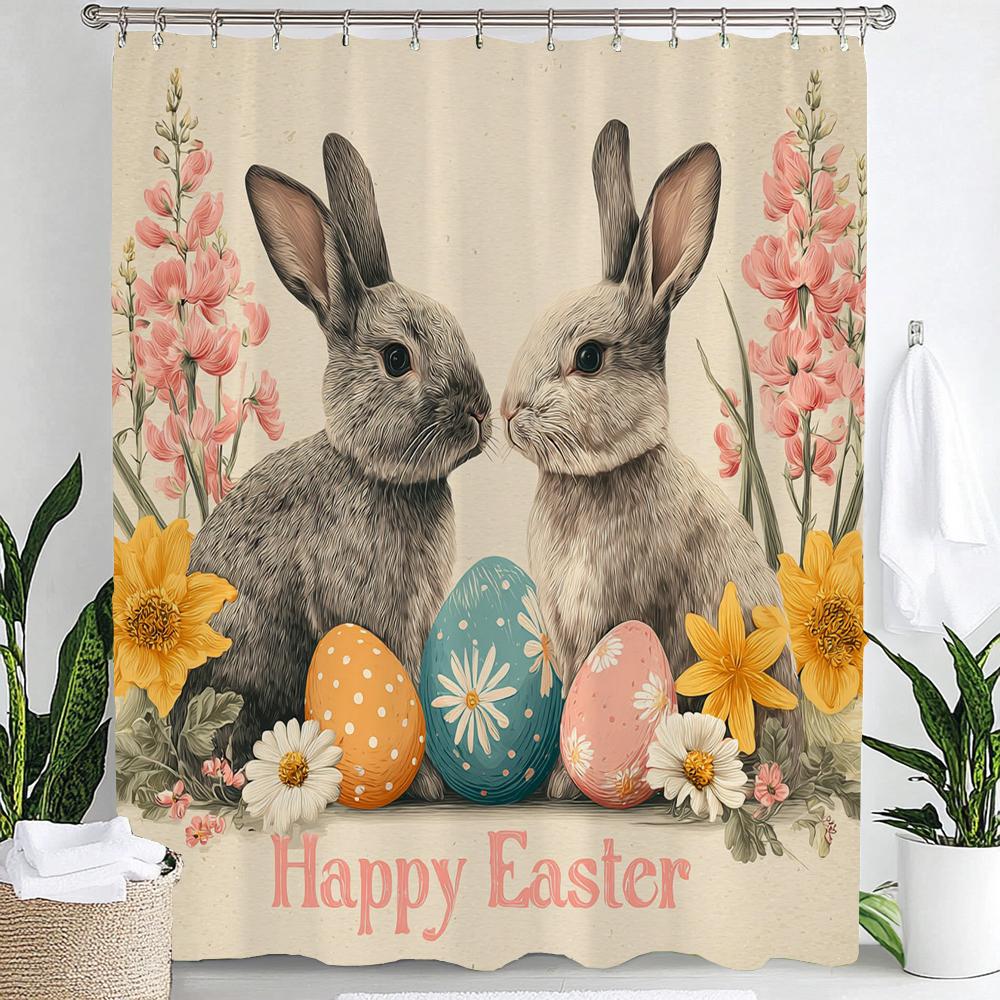 Easter Bunny Shower Curtain, Rustic, Cute, Eggs, Flowers Bathroom Decorative Curtain, Printed Fabric Shower Curtain With Hooks