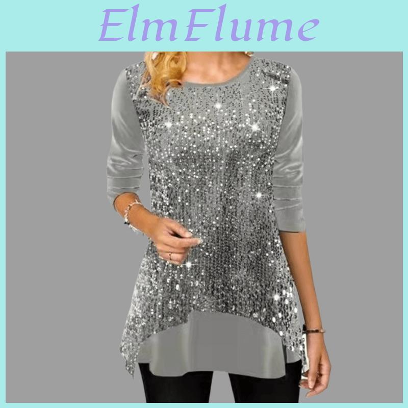 Sequins Spring Neck Round Autumn Patchwork Irregular Tshirt Women Long Sleeve Casual Allmatch Pullover Top